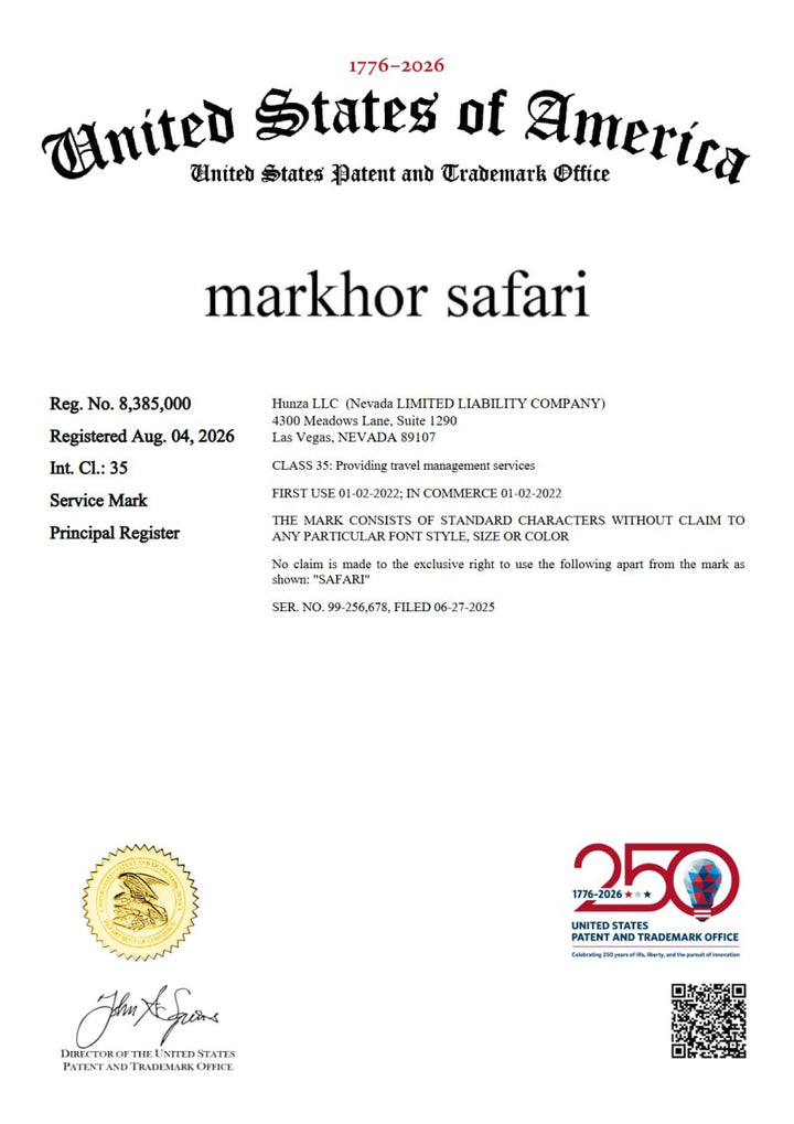 Official USPTO registration certificate for Markhor Safari, Registration No. 8,385,000
